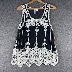 Sheer Black Mesh Sleeveless Top Black White  Embroidered Size S Festival Boho
